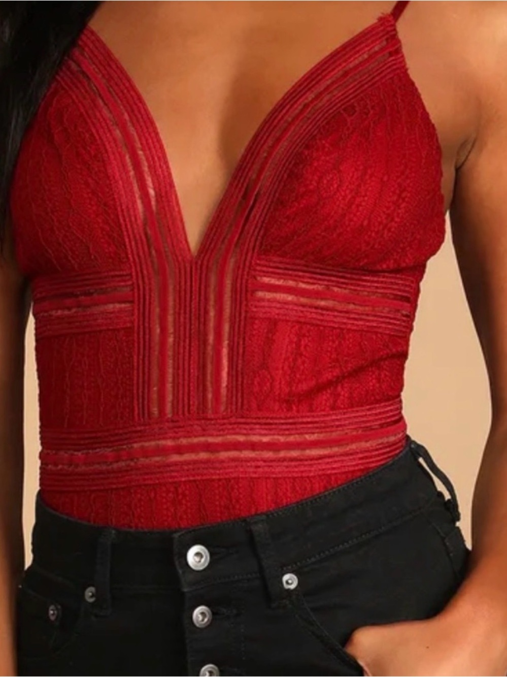 Lulu's Red Lace V-Neck Bodysuit